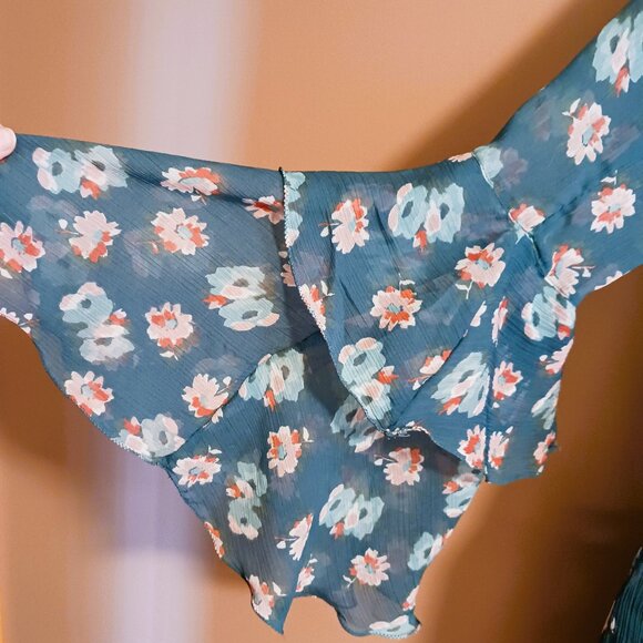 Sz S - M Boho BILLABONG Floral Chiffon breezy Long Sleeve blouse or short dress - Picture 6 of 8